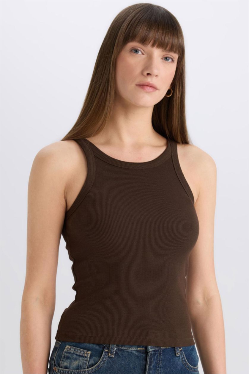 Kadın Kahve Slim Fit Dar Kesim Halter Yaka Basic Düz Fitilli Kaşkorse Atlet