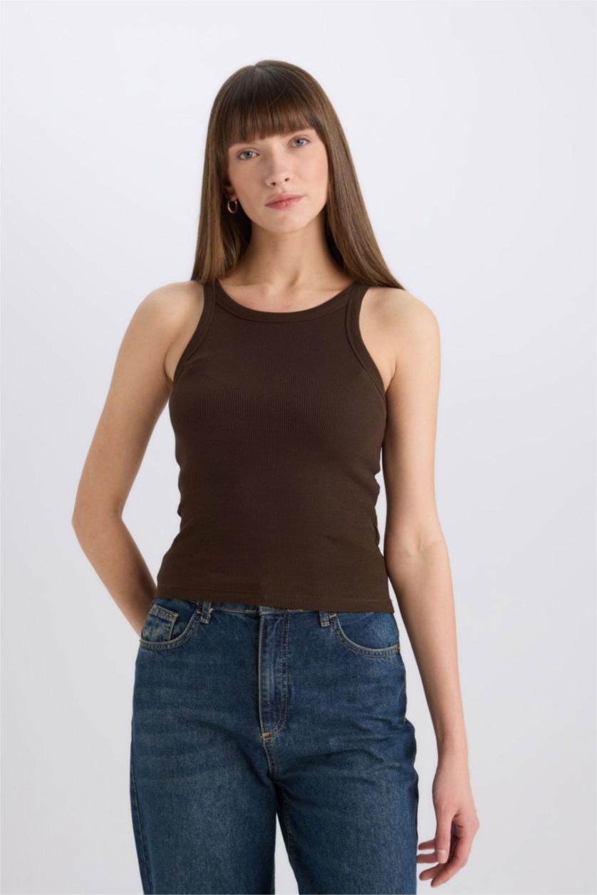 Kadın Kahve Slim Fit Dar Kesim Halter Yaka Basic Düz Fitilli Kaşkorse Atlet