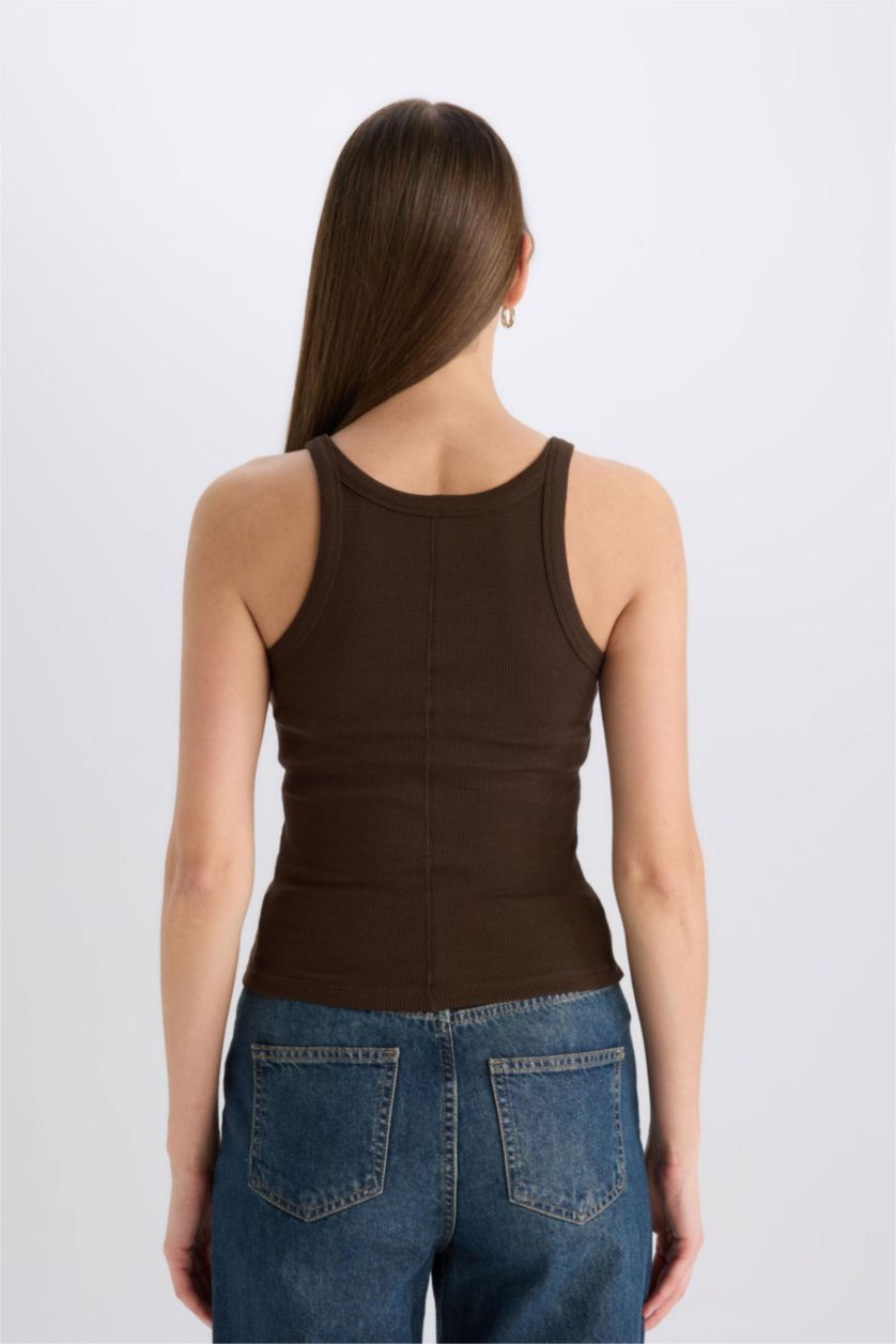 Kadın Kahve Slim Fit Dar Kesim Halter Yaka Basic Düz Fitilli Kaşkorse Atlet