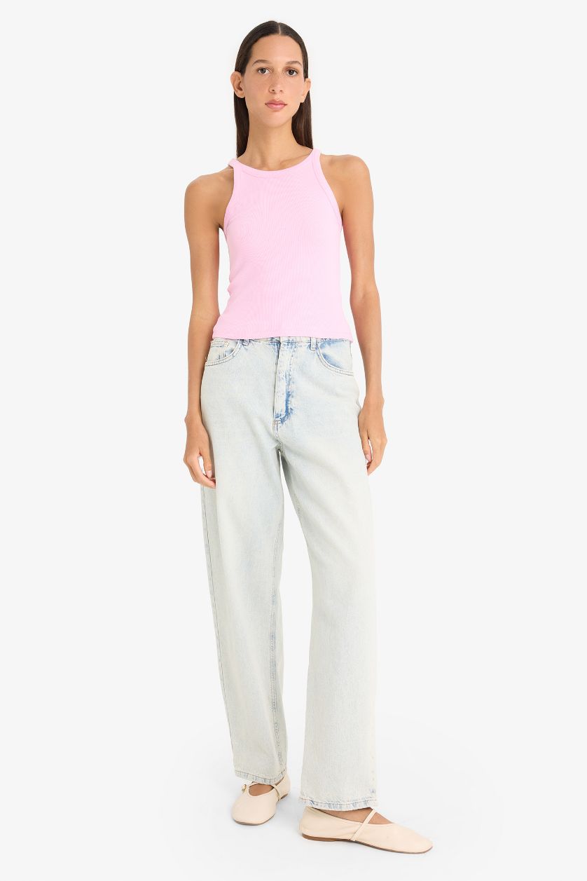 Kadın Pembe Slim Fit Dar Kesim Halter Yaka Basic Düz Fitilli Kaşkorse Atlet