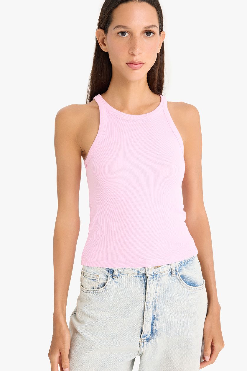 Kadın Pembe Slim Fit Dar Kesim Halter Yaka Basic Düz Fitilli Kaşkorse Atlet