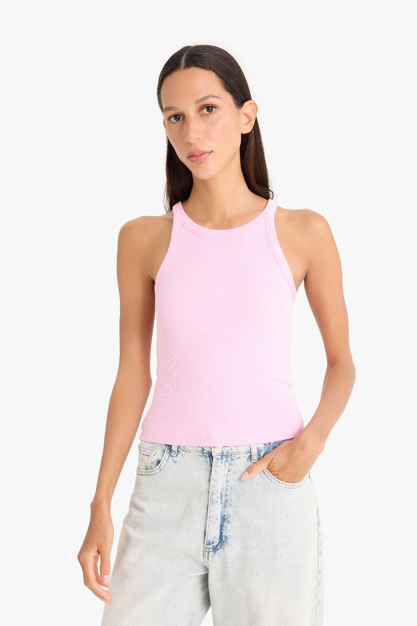 Kadın Pembe Slim Fit Dar Kesim Halter Yaka Basic Düz Fitilli Kaşkorse Atlet