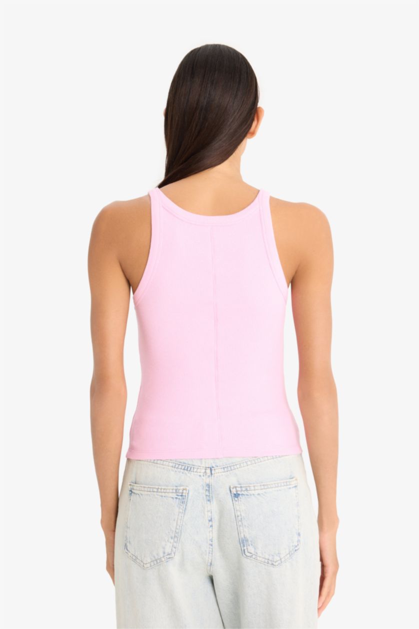 Kadın Pembe Slim Fit Dar Kesim Halter Yaka Basic Düz Fitilli Kaşkorse Atlet