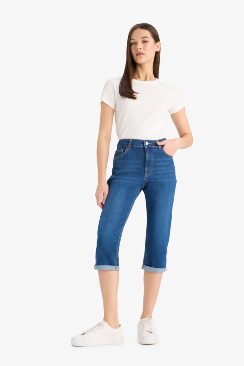 WOMAN Blue Normal Waist Denim Capri