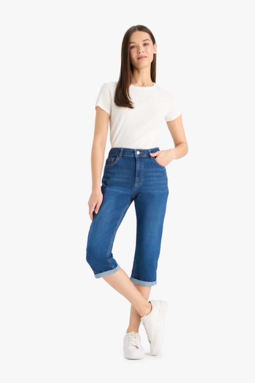 WOMAN Blue Normal Waist Denim Capri