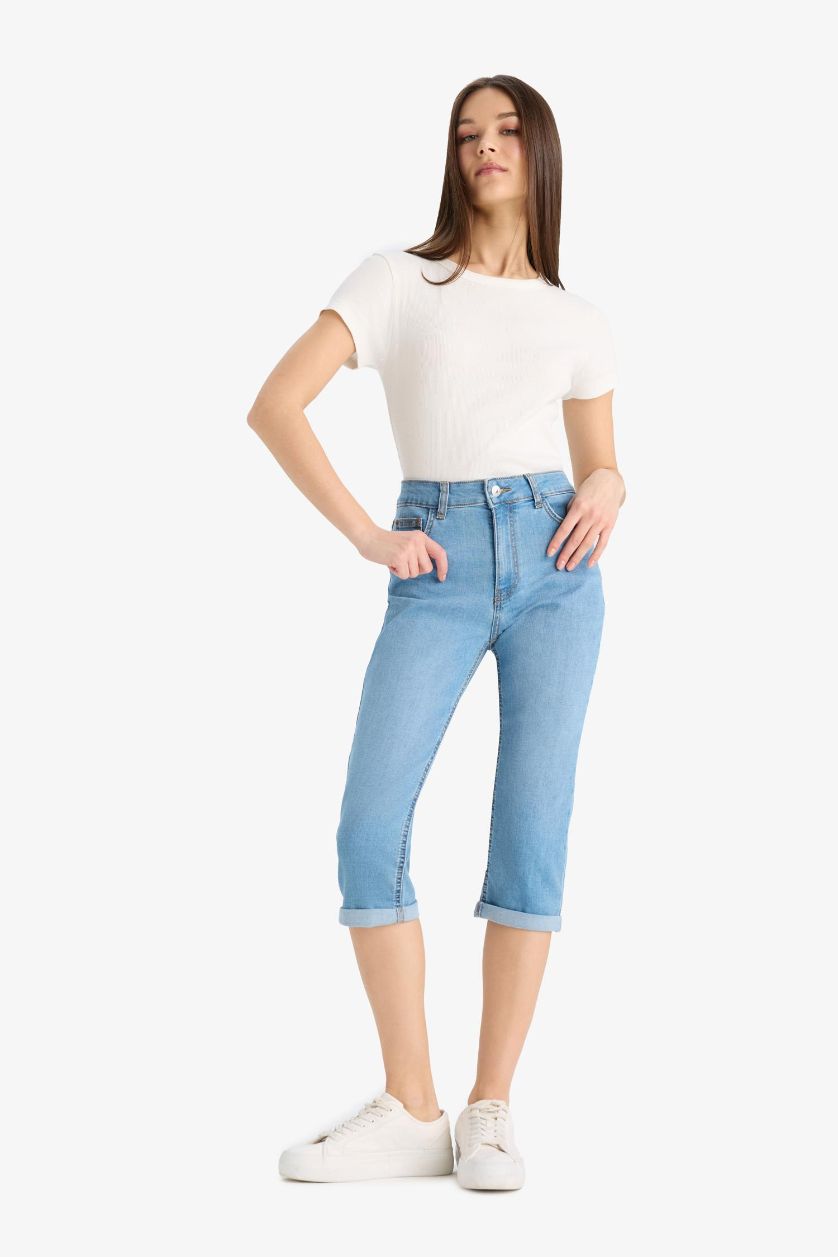 WOMAN Light Blue Normal Waist Denim Capri