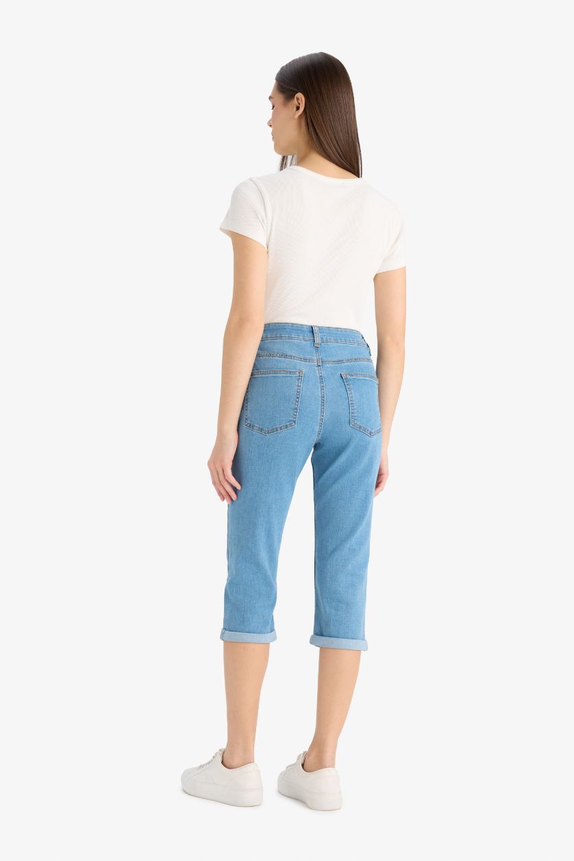 WOMAN Light Blue Normal Waist Denim Capri