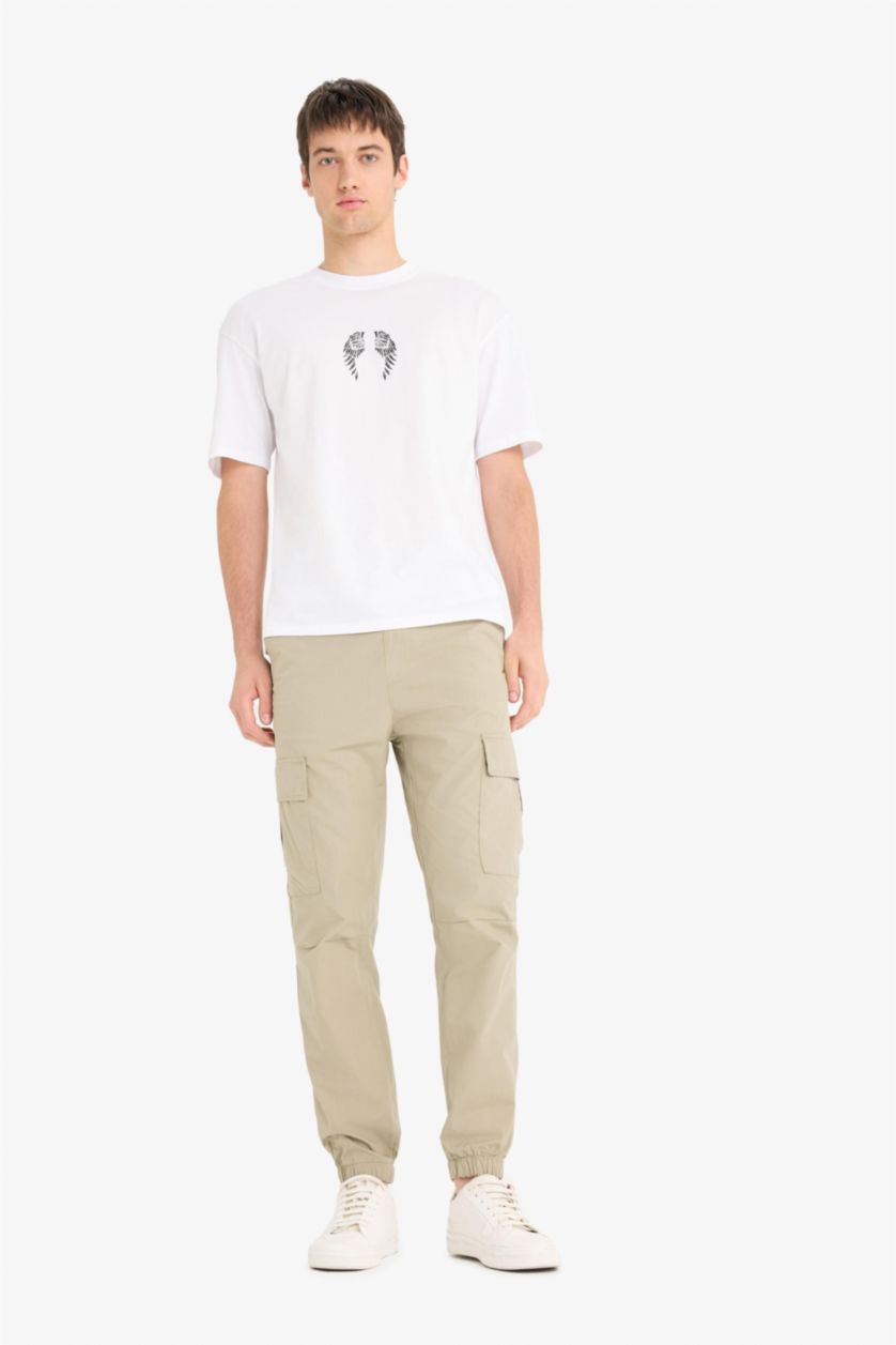 Man Light Khaki Regular Fit Cargo Pocketed Cotton Summer Joggers