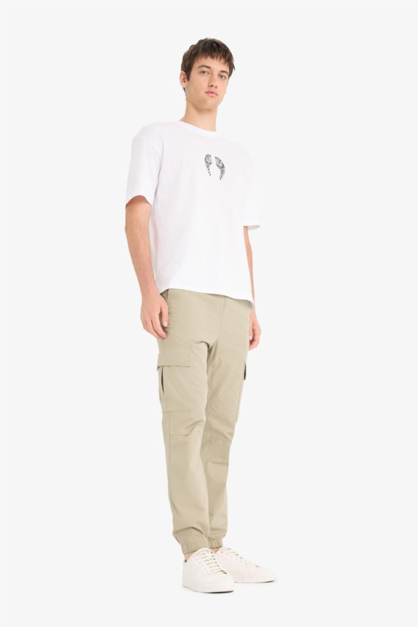 Man Light Khaki Regular Fit Cargo Pocketed Cotton Summer Joggers