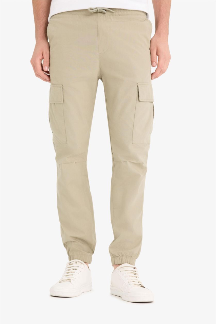 Man Light Khaki Regular Fit Cargo Pocketed Cotton Summer Joggers