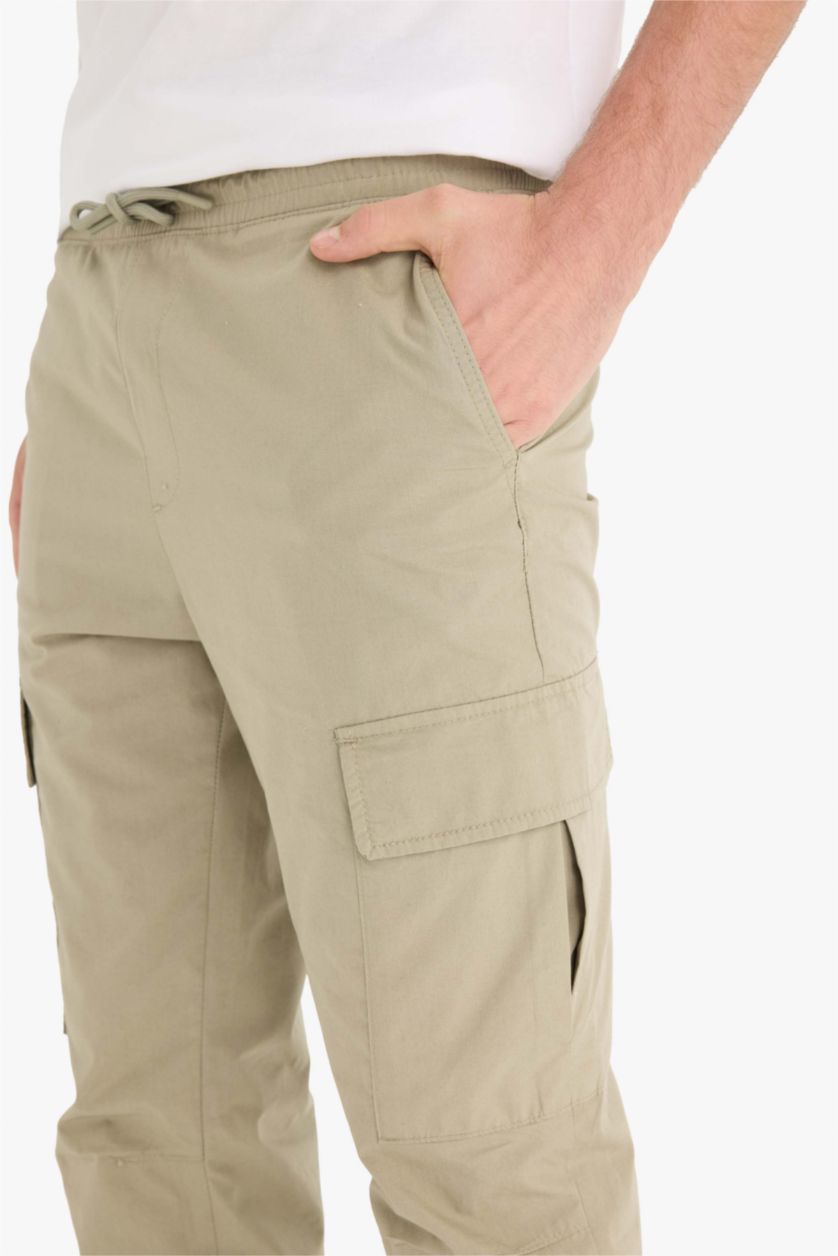 Man Light Khaki Regular Fit Cargo Pocketed Cotton Summer Joggers