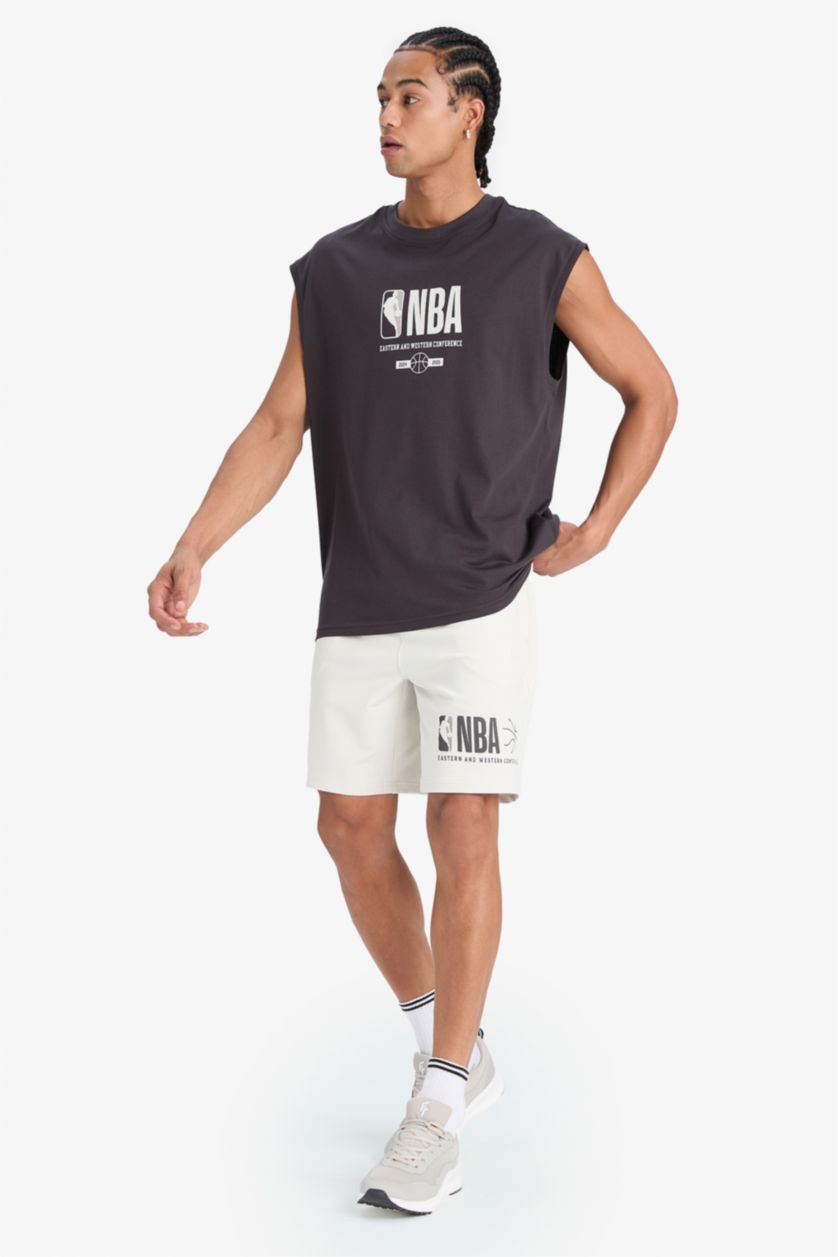 MAN Light Beige DeFactoFit NBA Wordmark Standard Fit Shorts