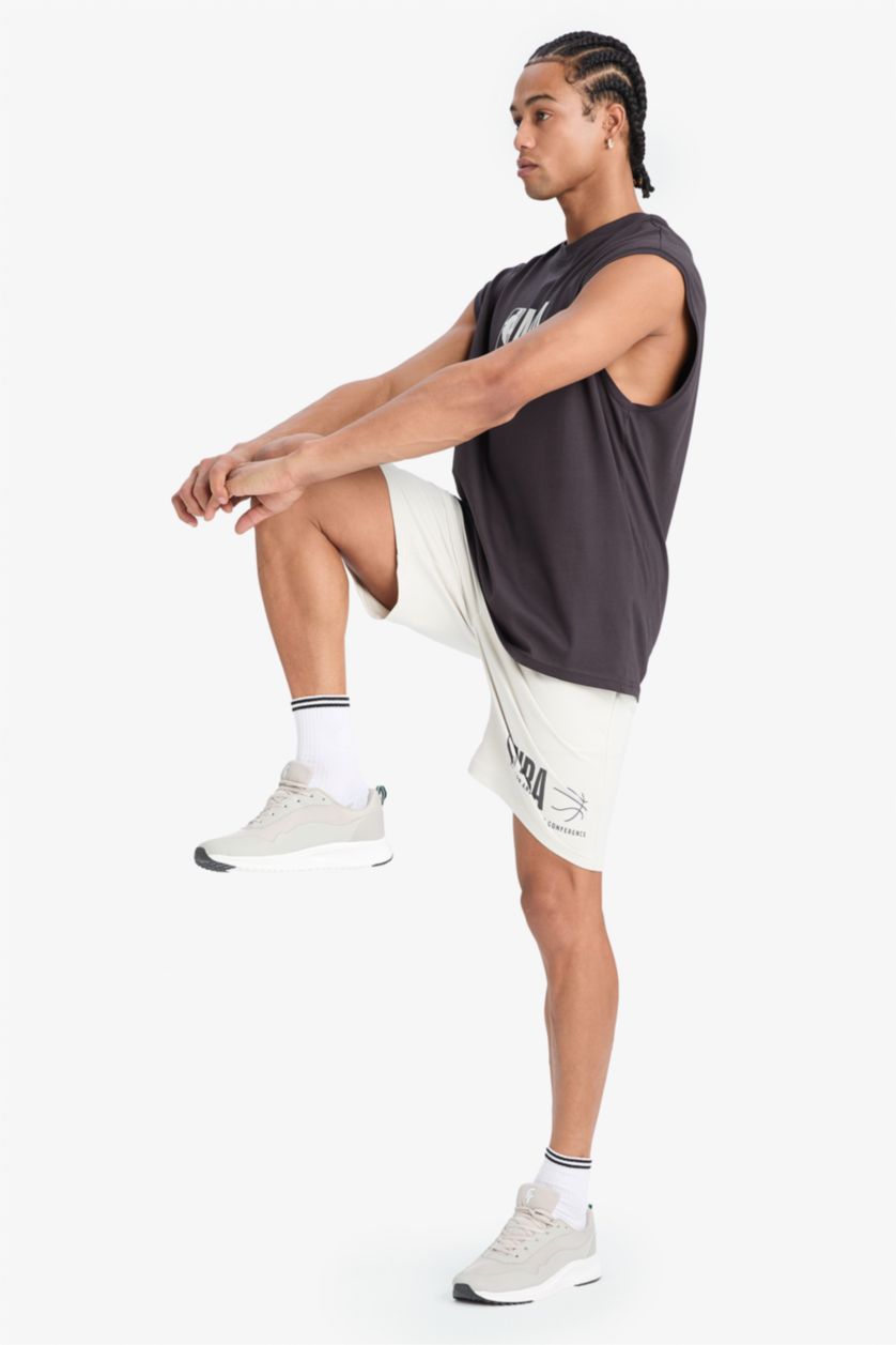 MAN Light Beige DeFactoFit NBA Wordmark Standard Fit Shorts