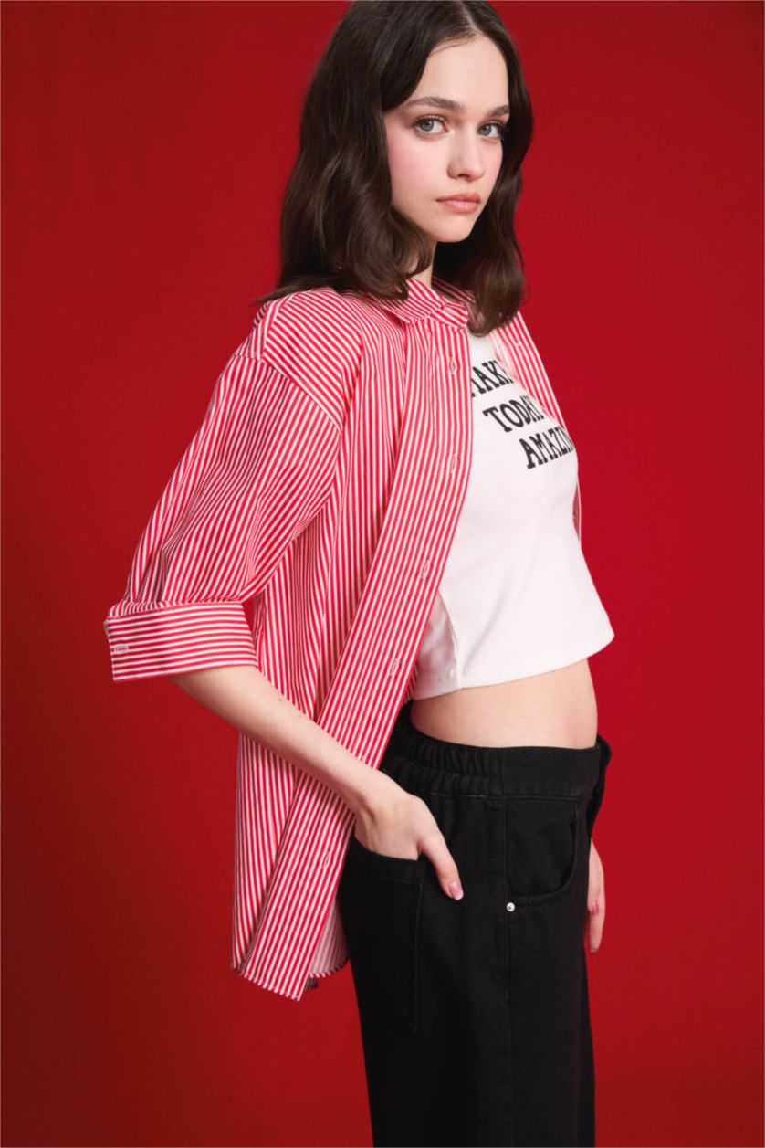 نساء أحمر قميص كم طويل اوفر سايز من بوبلين مخطط برقبة قميص