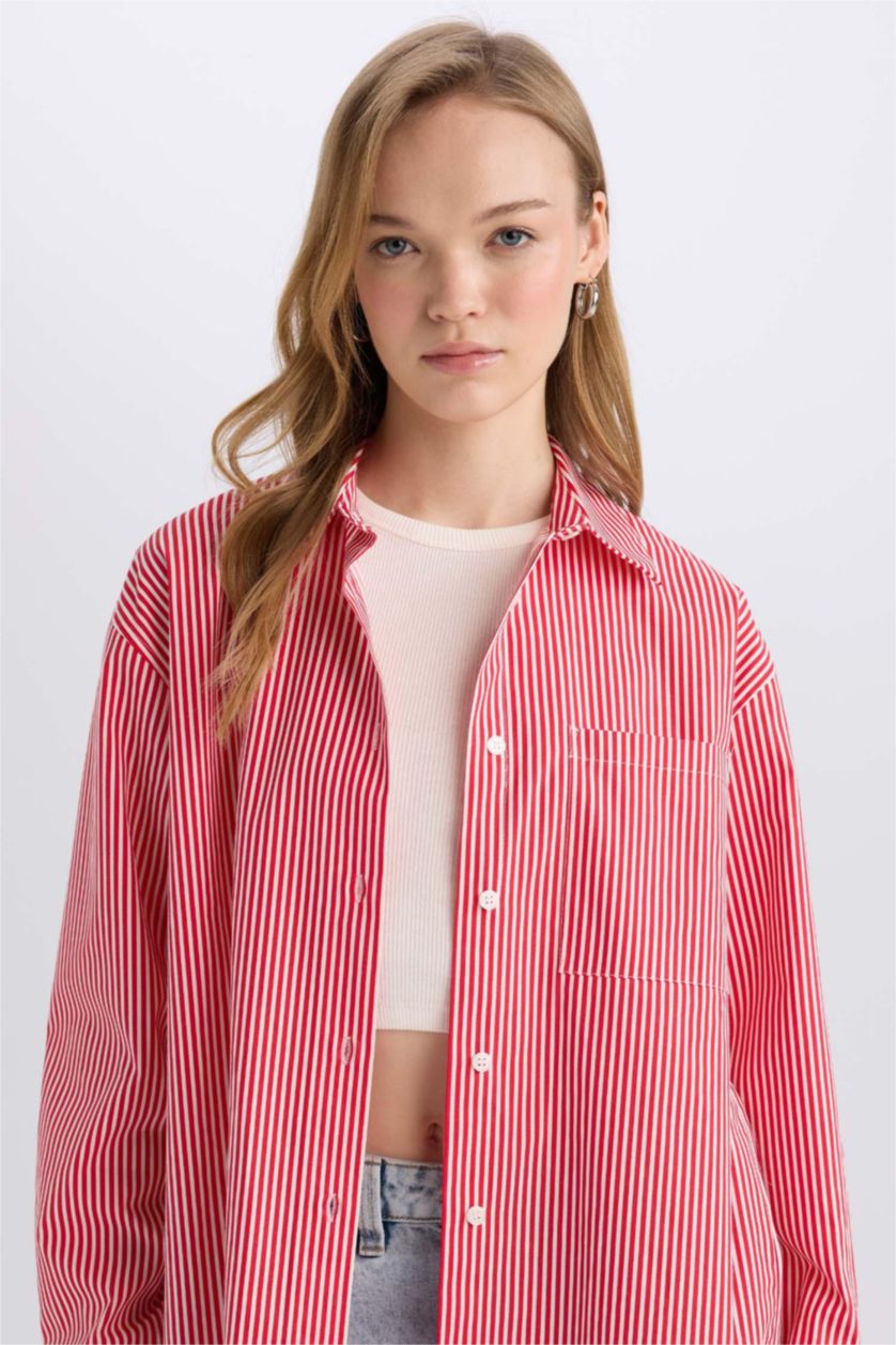 نساء أحمر قميص كم طويل اوفر سايز من بوبلين مخطط برقبة قميص