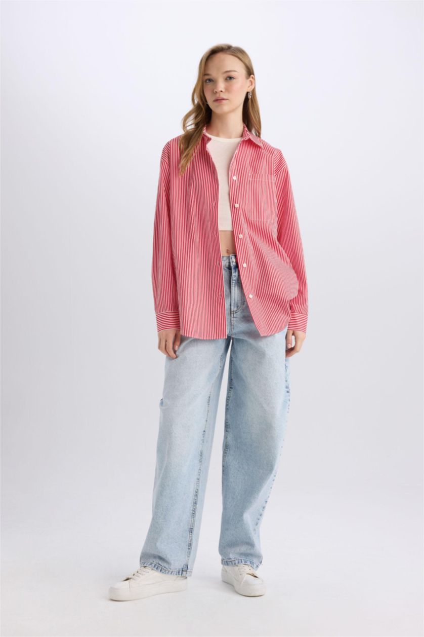 نساء أحمر قميص كم طويل اوفر سايز من بوبلين مخطط برقبة قميص