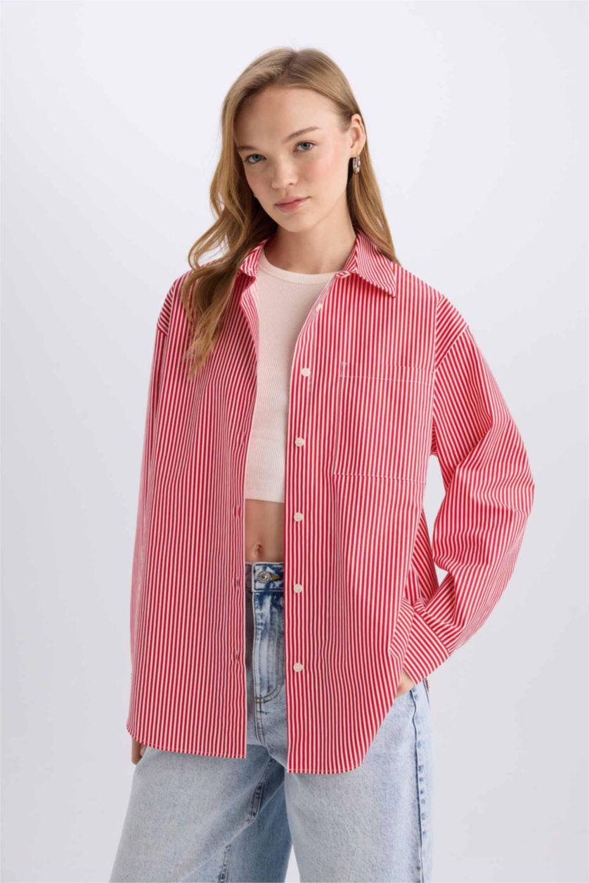 نساء أحمر قميص كم طويل اوفر سايز من بوبلين مخطط برقبة قميص