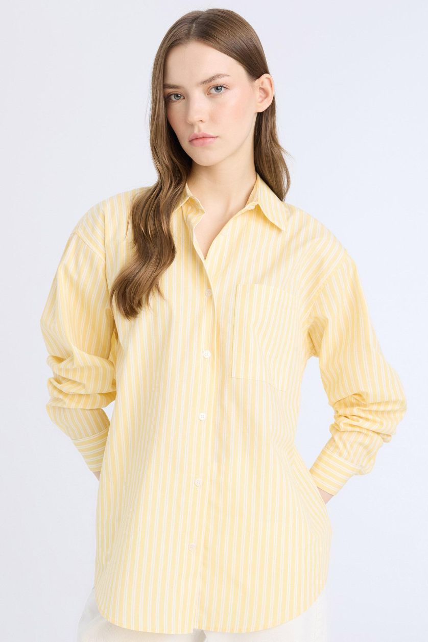 نساء أصفر قميص مخطط ردن طويل بوبلين اوفر سايز