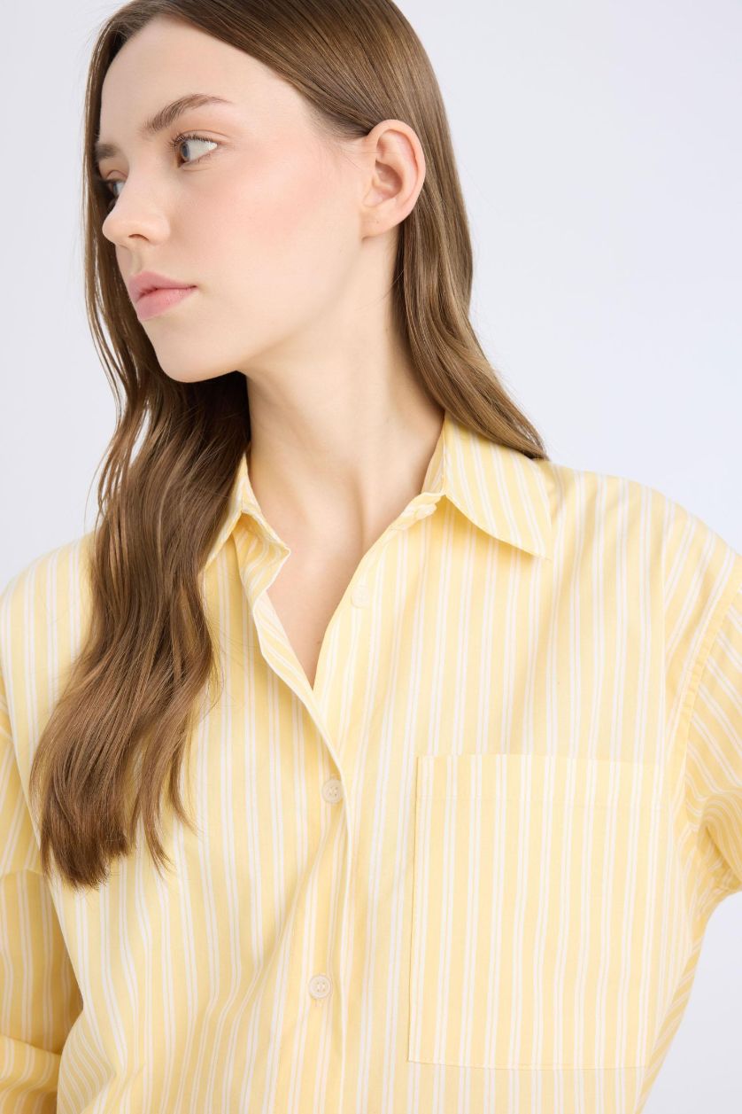 نساء أصفر قميص مخطط ردن طويل بوبلين اوفر سايز