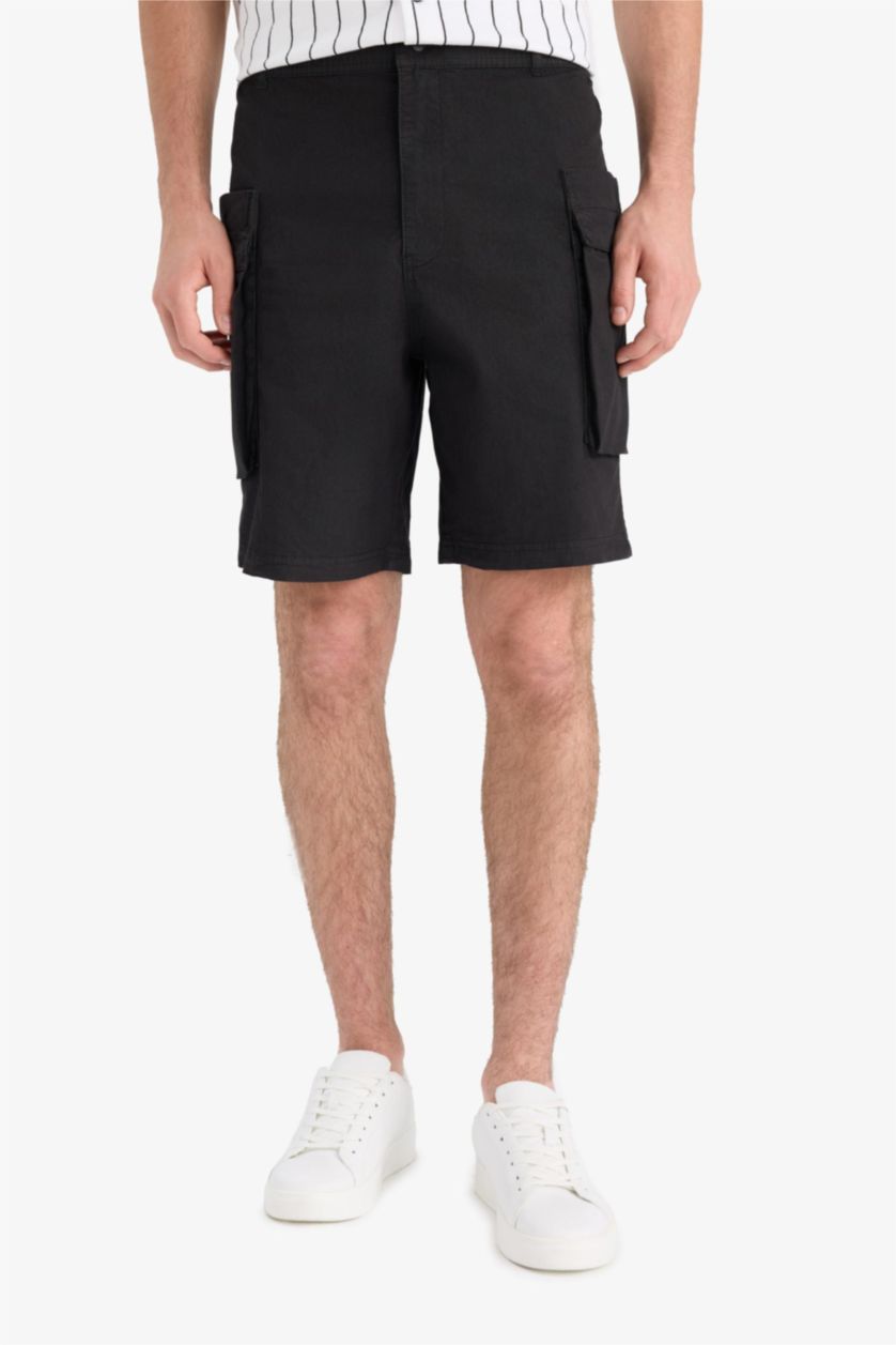 Erkek Siyah Relax Fit Kargo Cepli Bermuda Şort