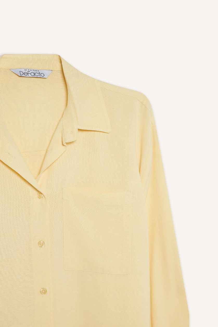 نساء أصفر فاتح قميص ردن طويل من مزيج الكتان اوفر سايز بياقة قميص