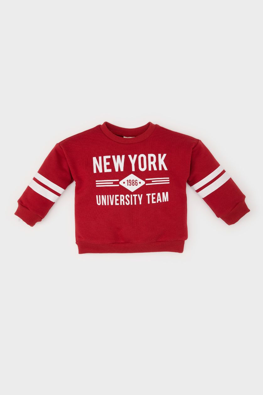 Kız Bebek Bordo Bisiklet Yaka Baskılı İçi Yumuşak Tüylü Sweatshirt Kız Bebek