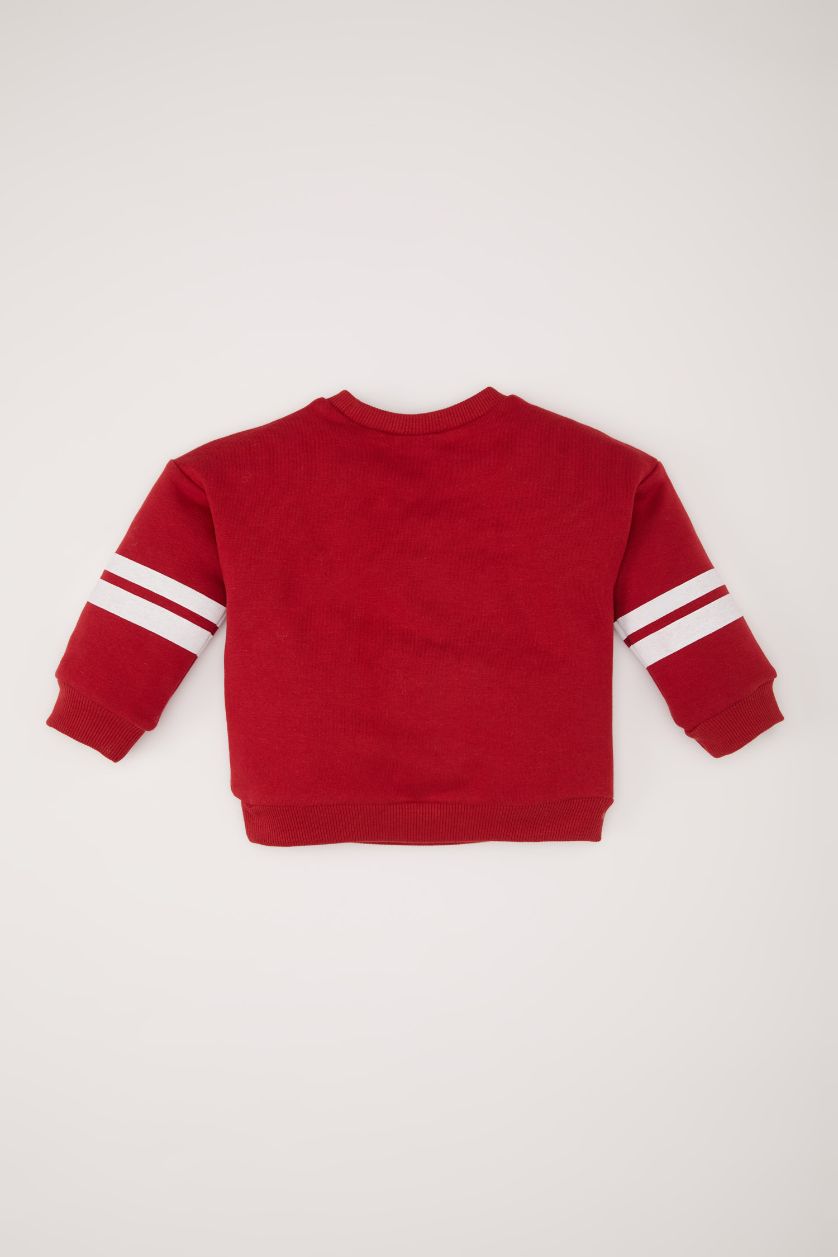 Kız Bebek Bordo Bisiklet Yaka Baskılı İçi Yumuşak Tüylü Sweatshirt Kız Bebek