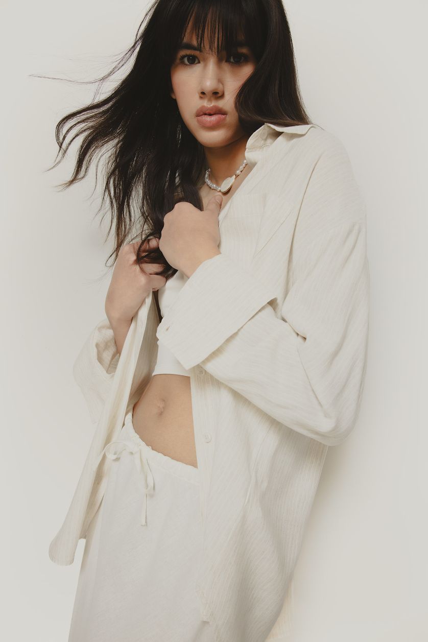 Kadın Bej Oversize Geniş Kalıp Keten Karışımlı Uzun Kollu Gömlek