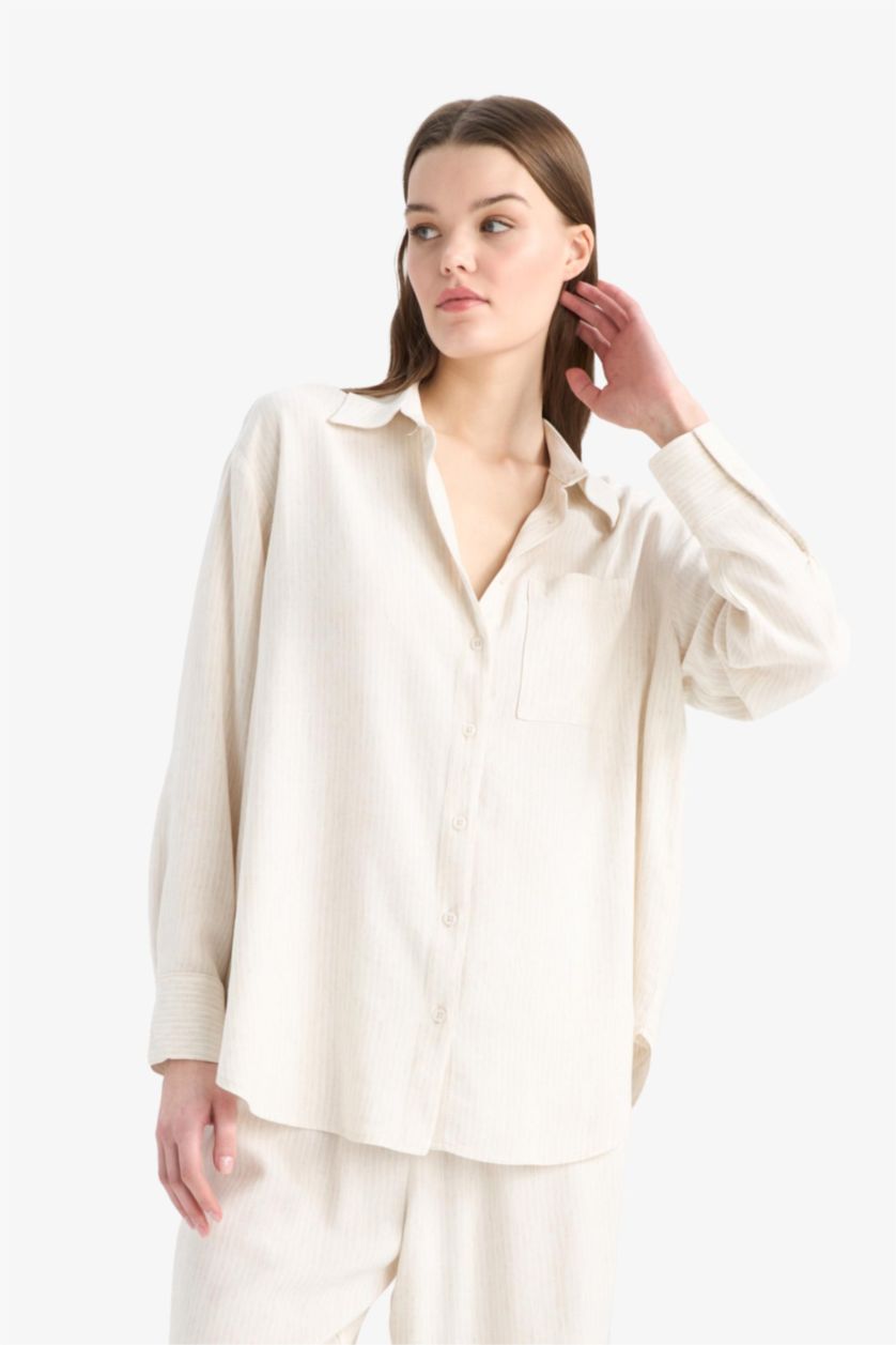 Kadın Bej Oversize Geniş Kalıp Keten Karışımlı Uzun Kollu Gömlek