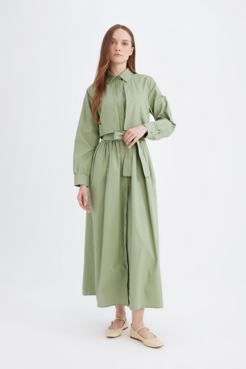 FEMME Vert Robe à Manches Longues en Popeline à Col de chemise