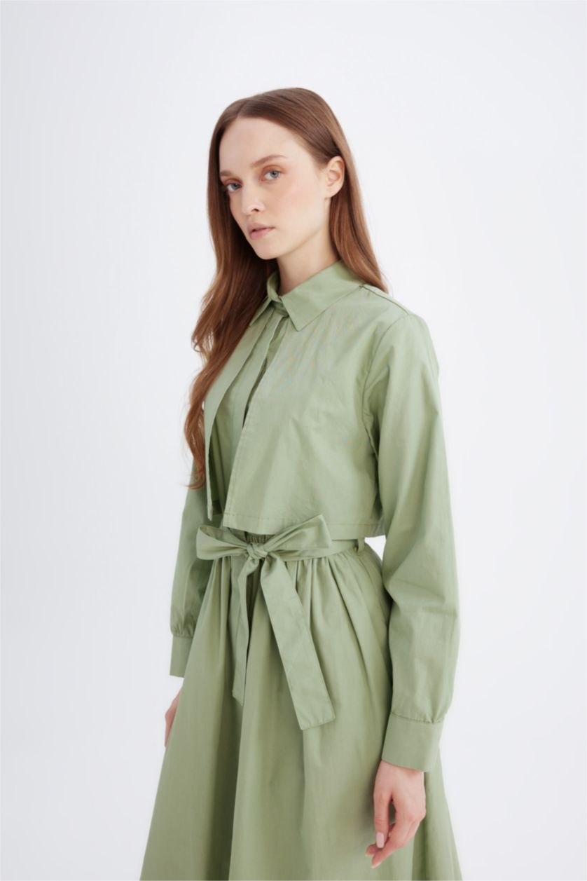 FEMME Vert Robe à Manches Longues en Popeline à Col de chemise