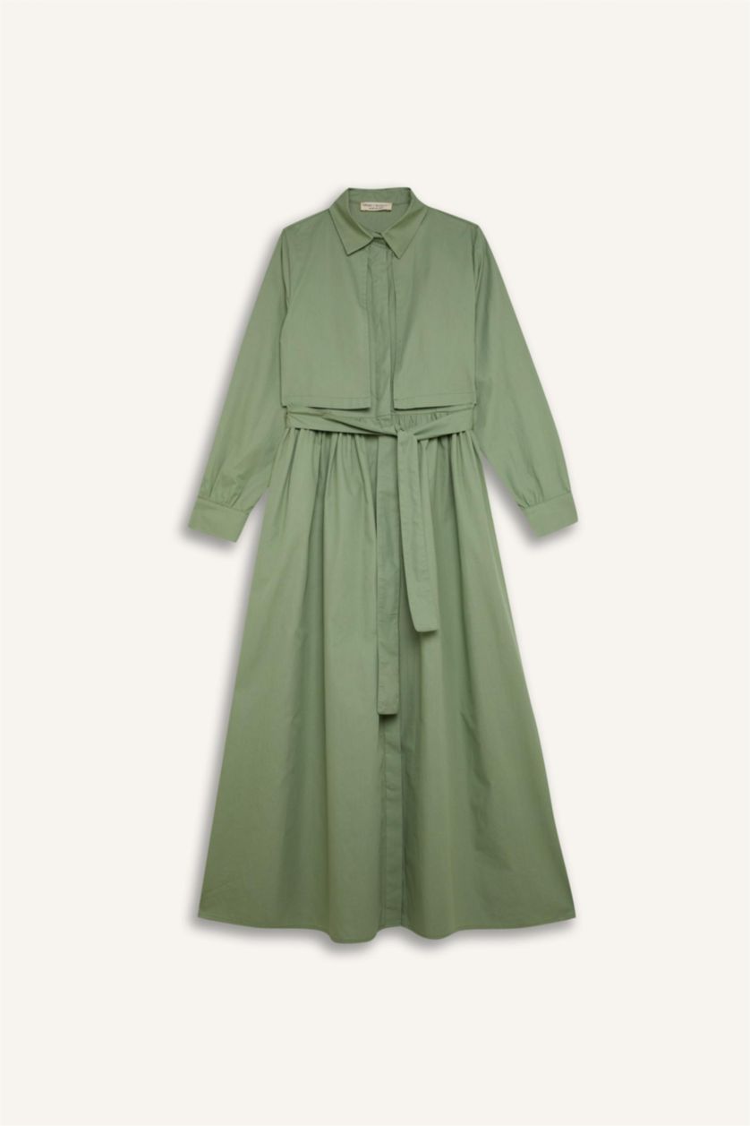 FEMME Vert Robe à Manches Longues en Popeline à Col de chemise