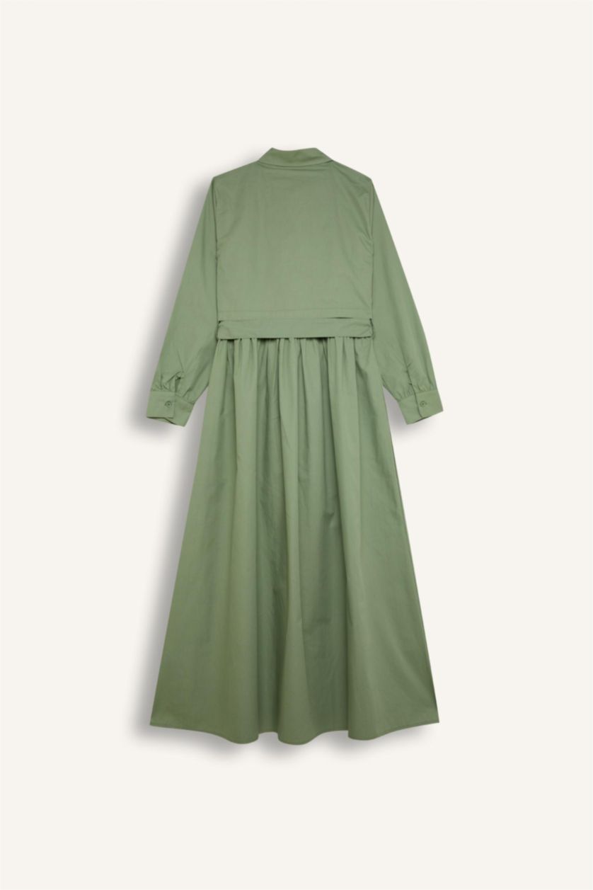 FEMME Vert Robe à Manches Longues en Popeline à Col de chemise