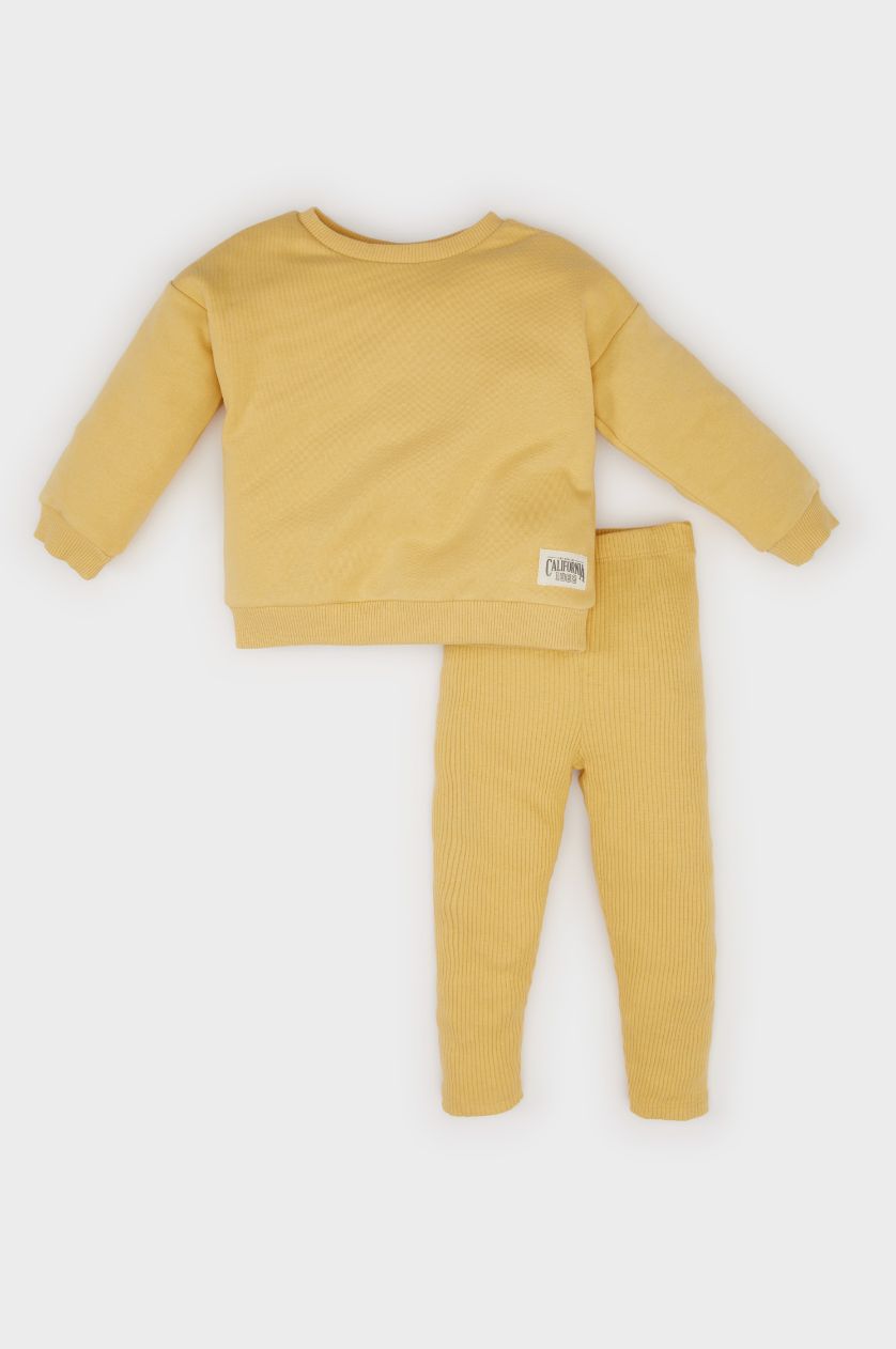 Kız Bebek Hardal Kız Bebek 2'li Takım Dokuma Etiketli Sweatshirt Beli Lastikli Tayt