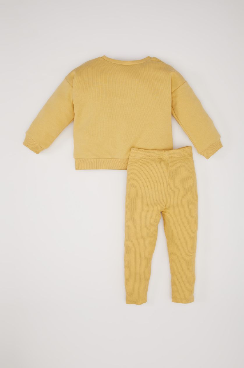 Kız Bebek Hardal Kız Bebek 2'li Takım Dokuma Etiketli Sweatshirt Beli Lastikli Tayt