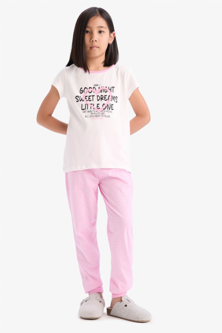 GIRLS & TEENS Ecru Girl Printed Top Bottom 2 Piece Pajama Set