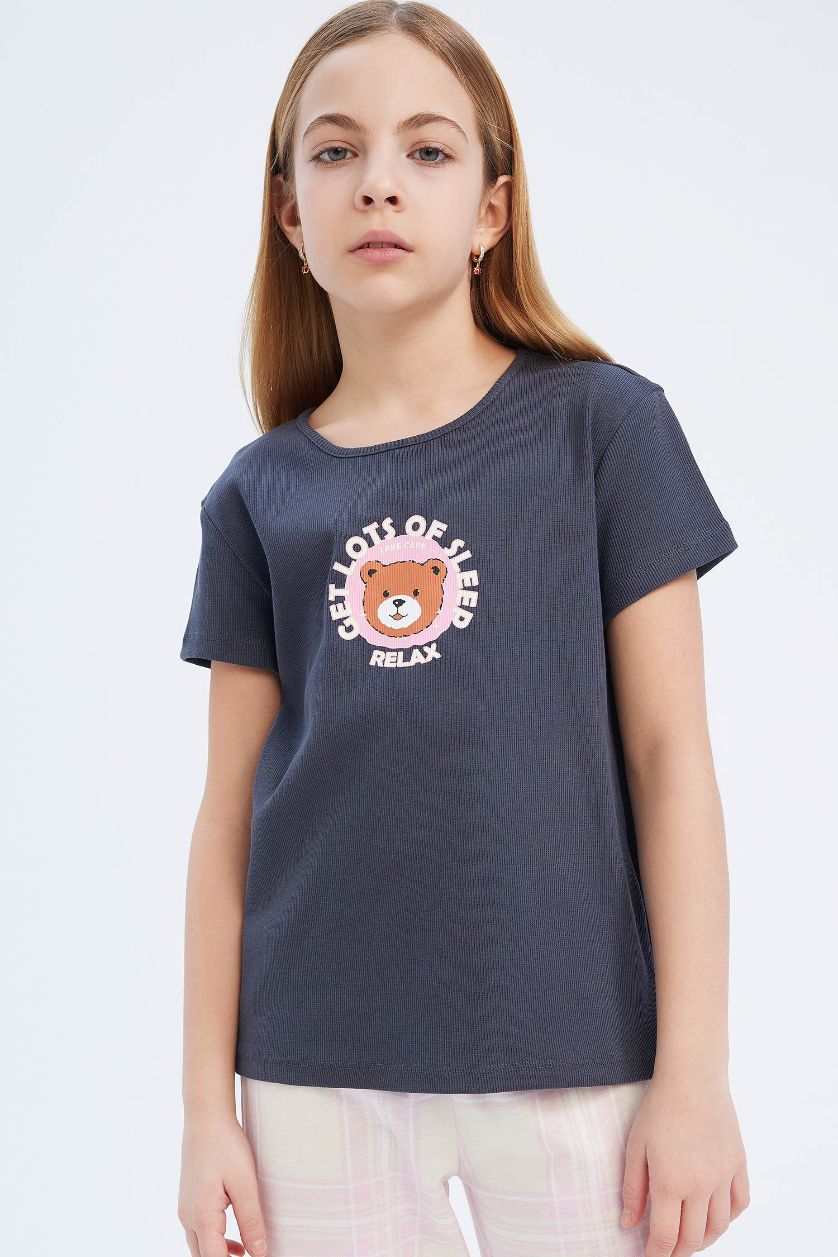 Kız Çocuk - Genç Kız Antrasit %100 Pamuklu Baskılı Fitilli Kaşkorse Pijama Takımı Kız Çocuk