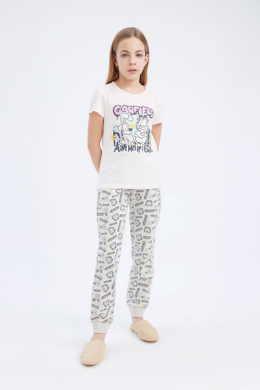 Kız Çocuk - Genç Kız Açık Pembe Garfield Pijama Takımı Kısa Kollu Üst Beli Lastikli Uzun Alt Kız Çocuk