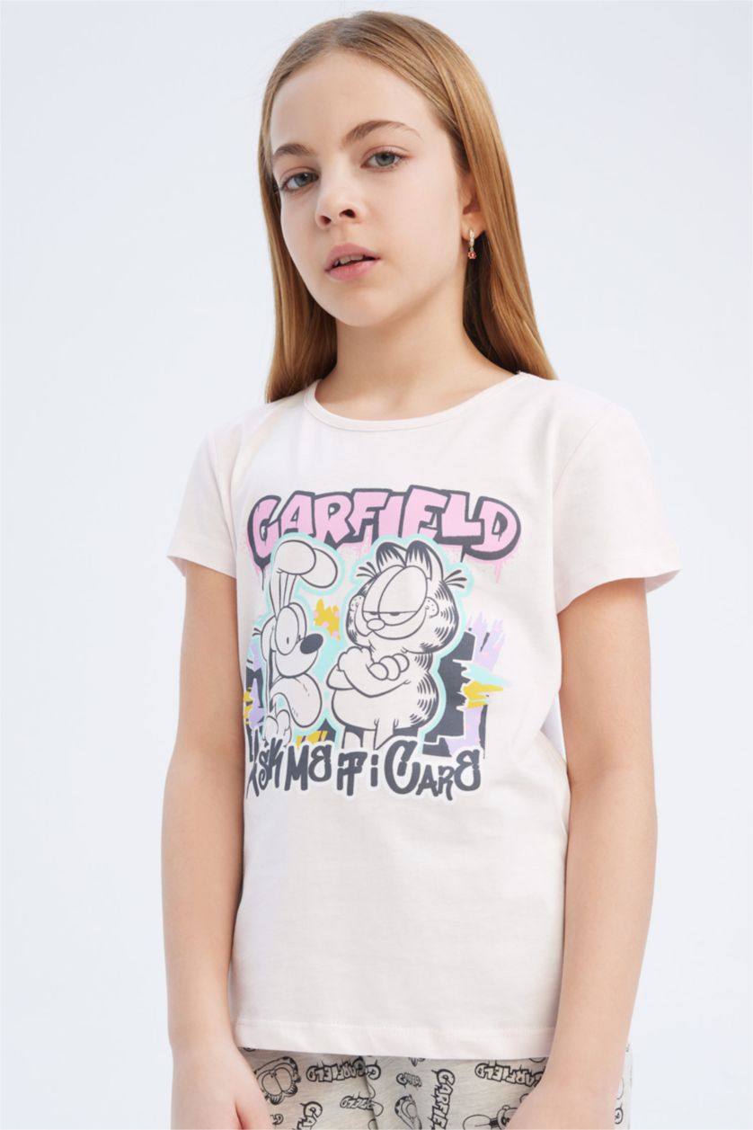 Kız Çocuk - Genç Kız Açık Pembe Garfield Pijama Takımı Kısa Kollu Üst Beli Lastikli Uzun Alt Kız Çocuk