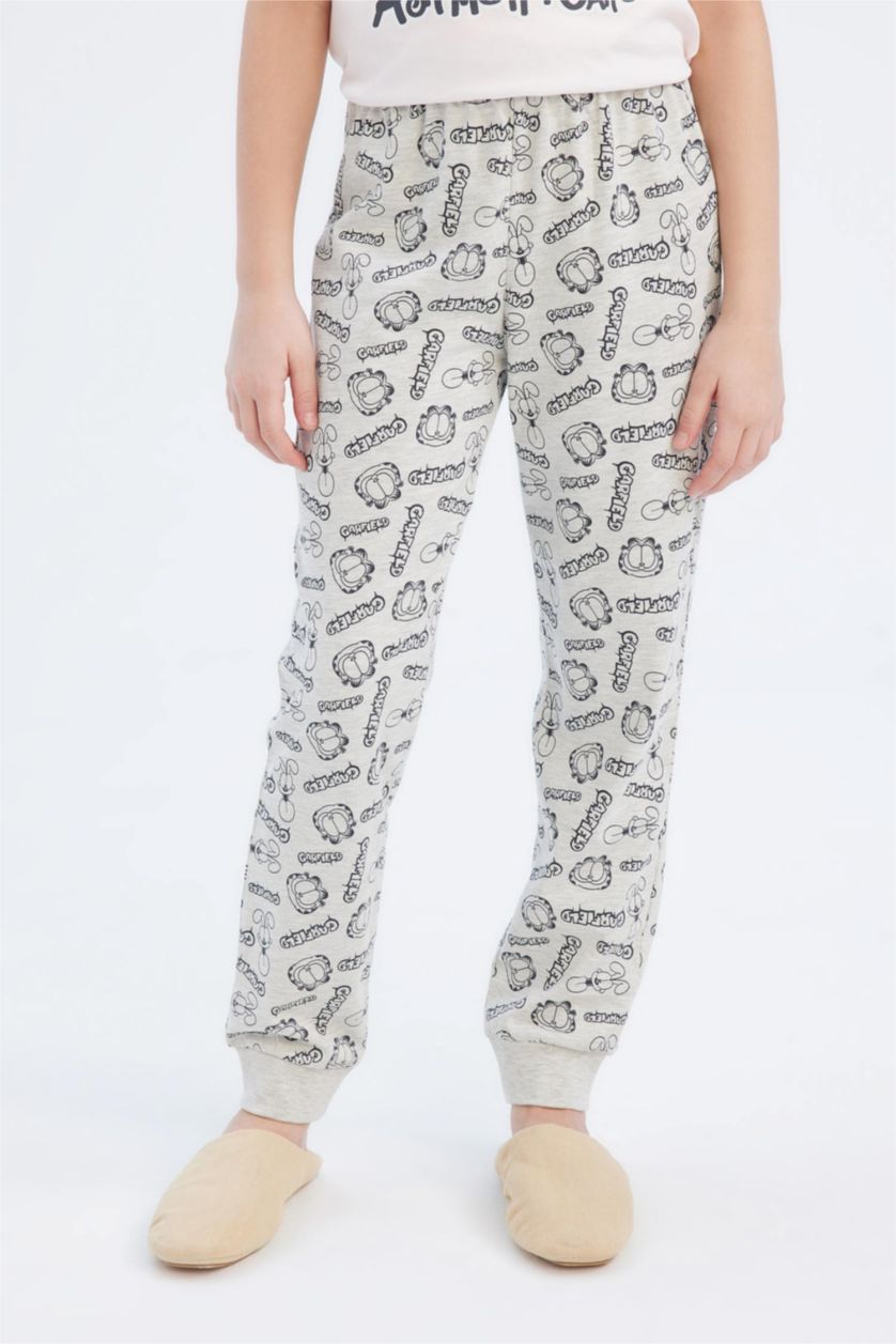 Kız Çocuk - Genç Kız Açık Pembe Garfield Pijama Takımı Kısa Kollu Üst Beli Lastikli Uzun Alt Kız Çocuk