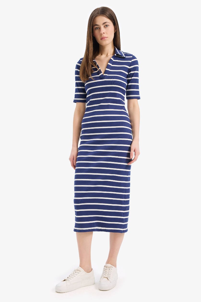 Kadın Lacivert Bodycon Vücudu Saran Polo Yaka Çizgili Fitilli Kaşkorse Kısa Kollu Midi Elbise