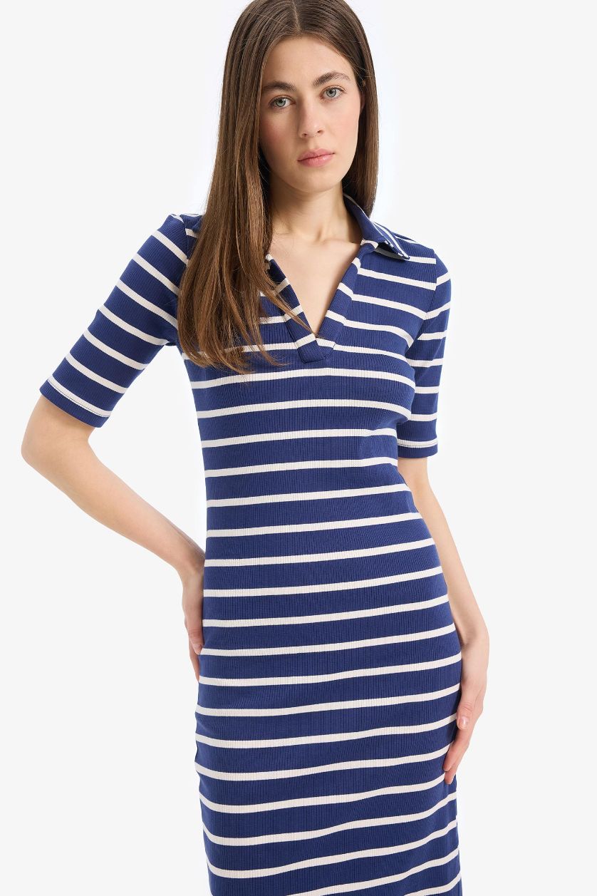 Kadın Lacivert Bodycon Vücudu Saran Polo Yaka Çizgili Fitilli Kaşkorse Kısa Kollu Midi Elbise