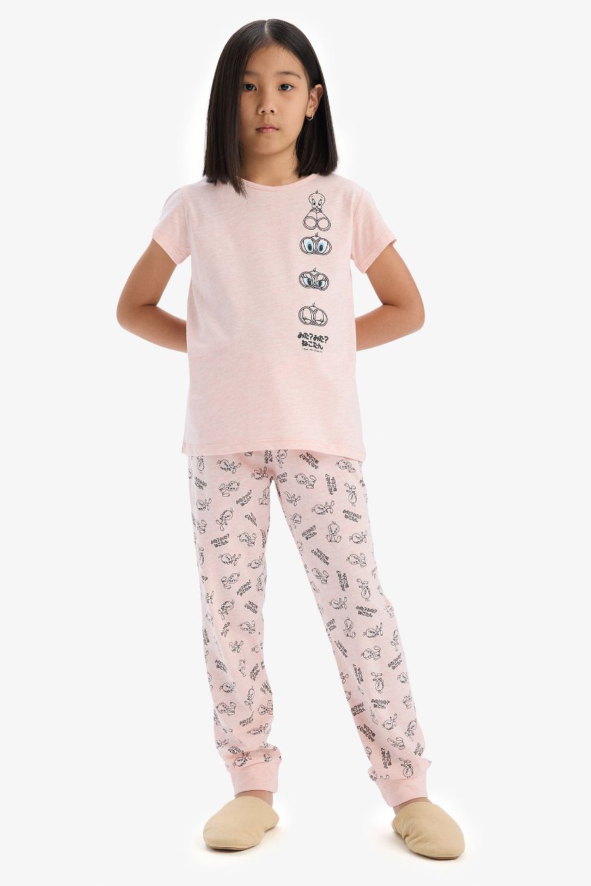 Kız Çocuk - Genç Kız Pembe Melanj Looney Tunes Pijama Takımı Kısa Kollu Üst Beli Lastikli Uzun Alt Kız Çocuk