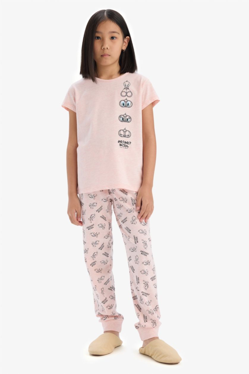 Kız Çocuk - Genç Kız Pembe Melanj Looney Tunes Pijama Takımı Kısa Kollu Üst Beli Lastikli Uzun Alt Kız Çocuk
