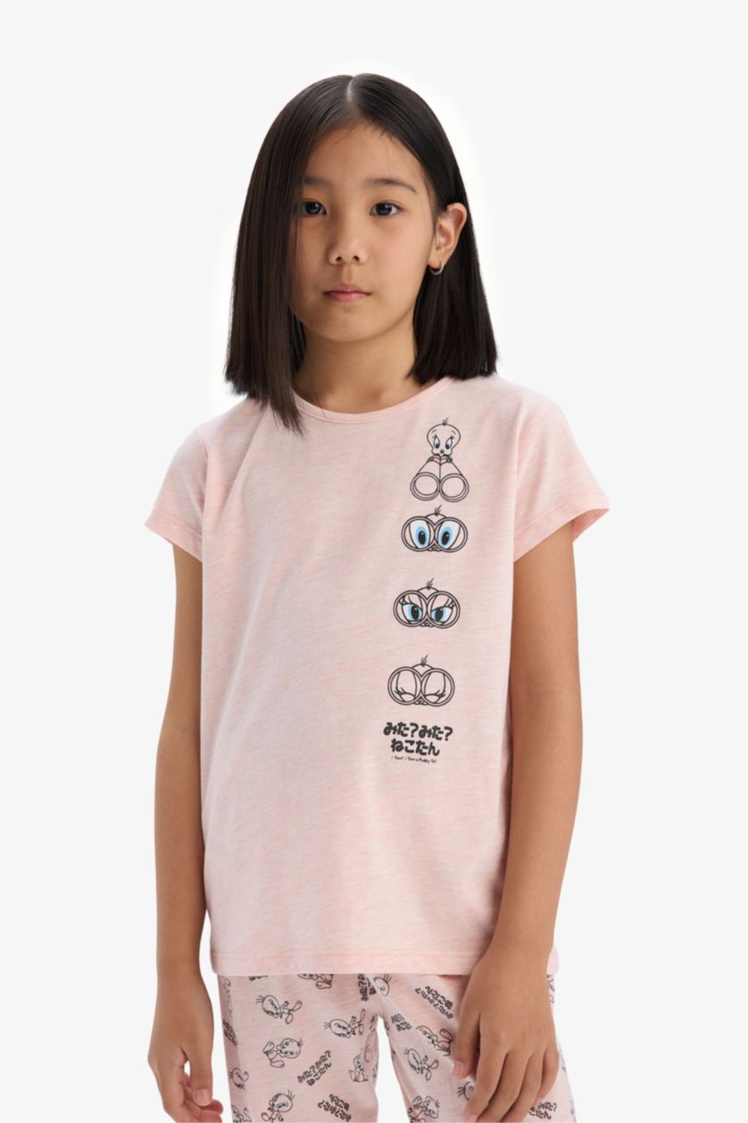 Kız Çocuk - Genç Kız Pembe Melanj Looney Tunes Pijama Takımı Kısa Kollu Üst Beli Lastikli Uzun Alt Kız Çocuk