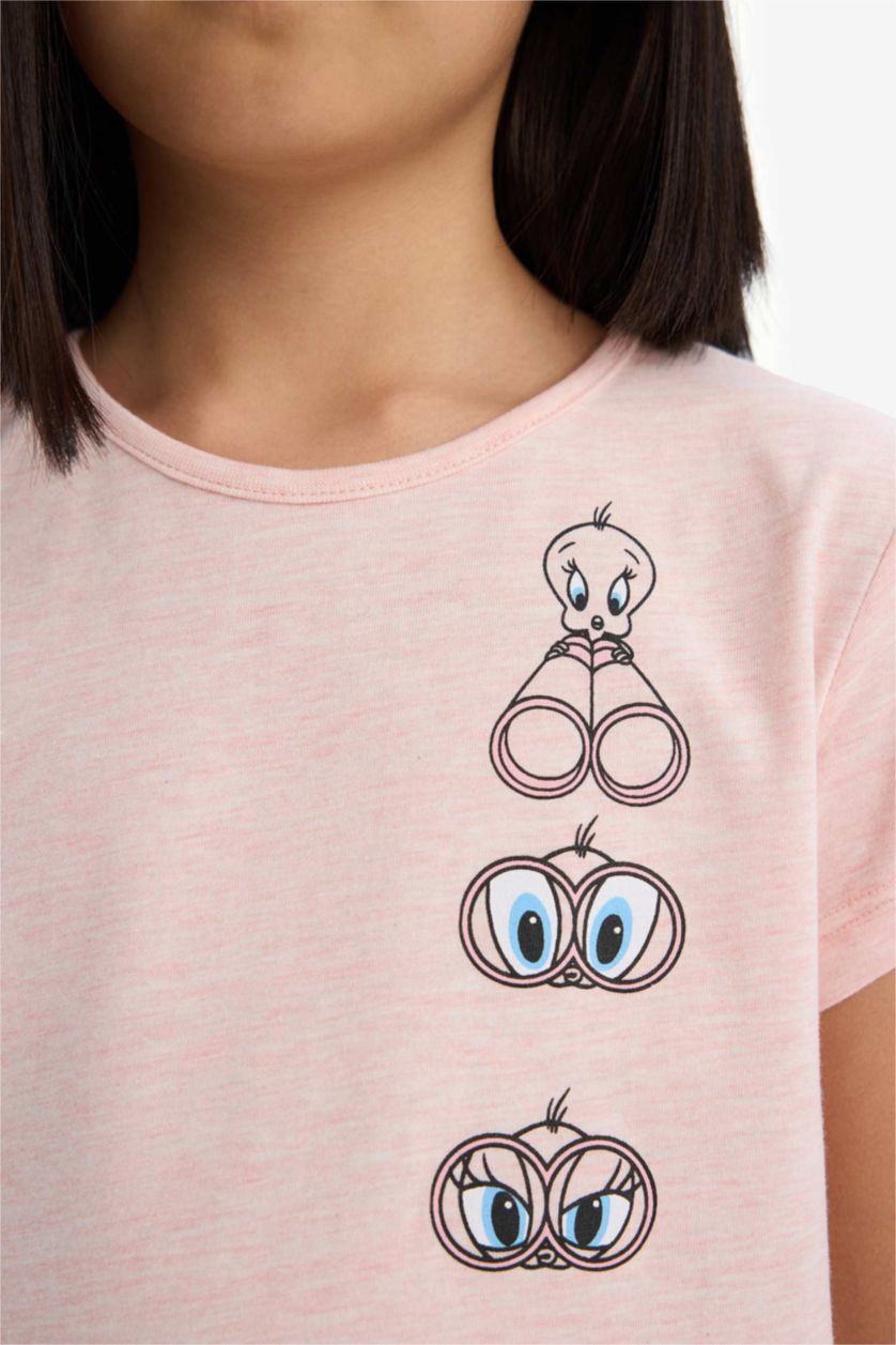 Kız Çocuk - Genç Kız Pembe Melanj Looney Tunes Pijama Takımı Kısa Kollu Üst Beli Lastikli Uzun Alt Kız Çocuk