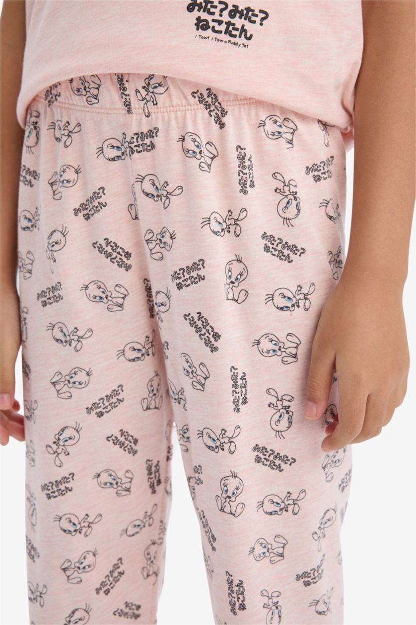 Kız Çocuk - Genç Kız Pembe Melanj Looney Tunes Pijama Takımı Kısa Kollu Üst Beli Lastikli Uzun Alt Kız Çocuk