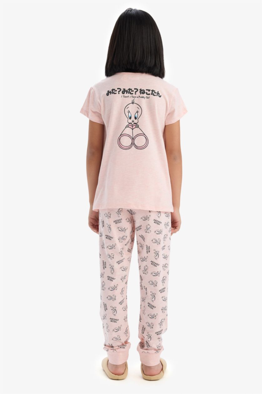 Kız Çocuk - Genç Kız Pembe Melanj Looney Tunes Pijama Takımı Kısa Kollu Üst Beli Lastikli Uzun Alt Kız Çocuk