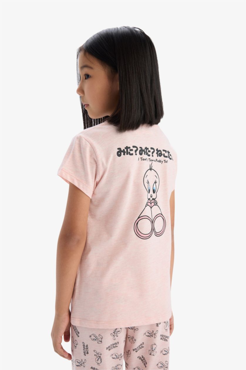 Kız Çocuk - Genç Kız Pembe Melanj Looney Tunes Pijama Takımı Kısa Kollu Üst Beli Lastikli Uzun Alt Kız Çocuk