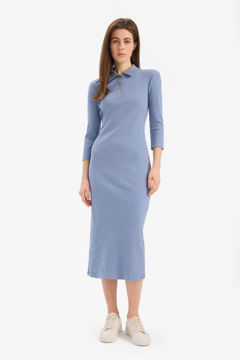 Woman Light Blue Bodycon Polo Collar Camisole Midi Dress